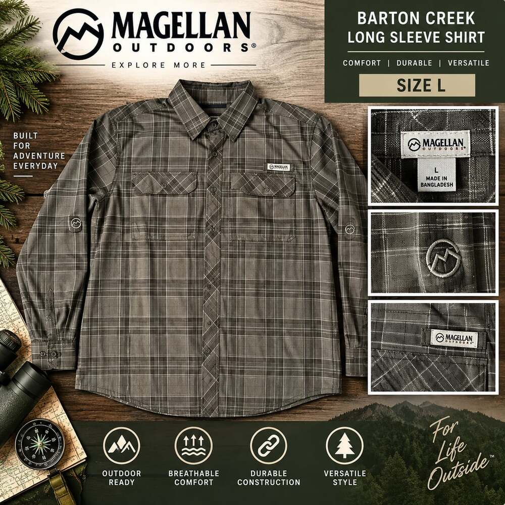 Magellan Outdoors Barton Creek Long Sleeve Shirt Size L Plaid Gray